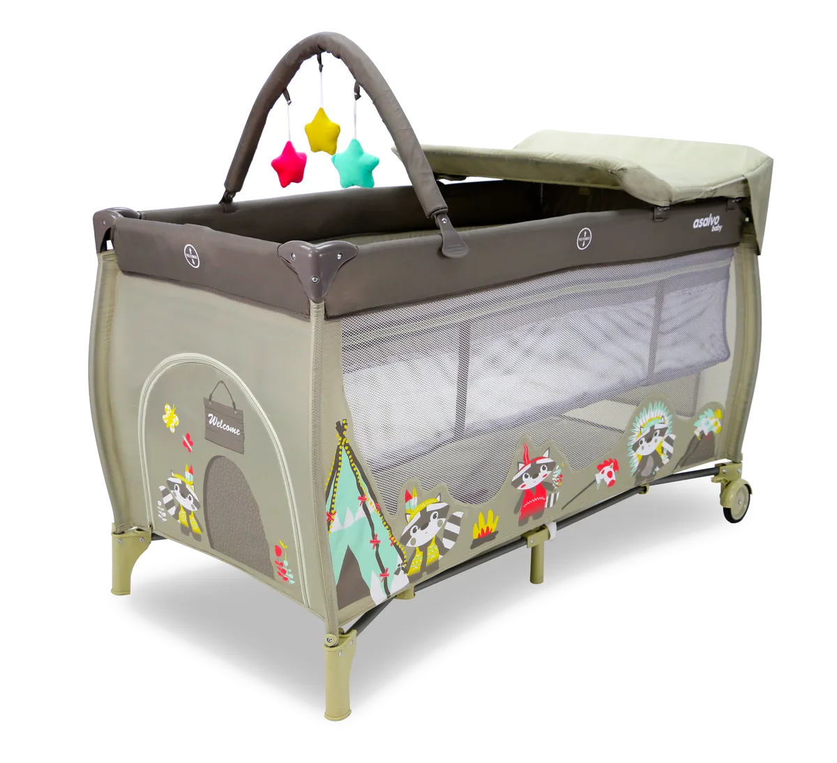 Asalvo Travel Cot Complete with Insert, Changing Table and Opening, Racoon - image 1